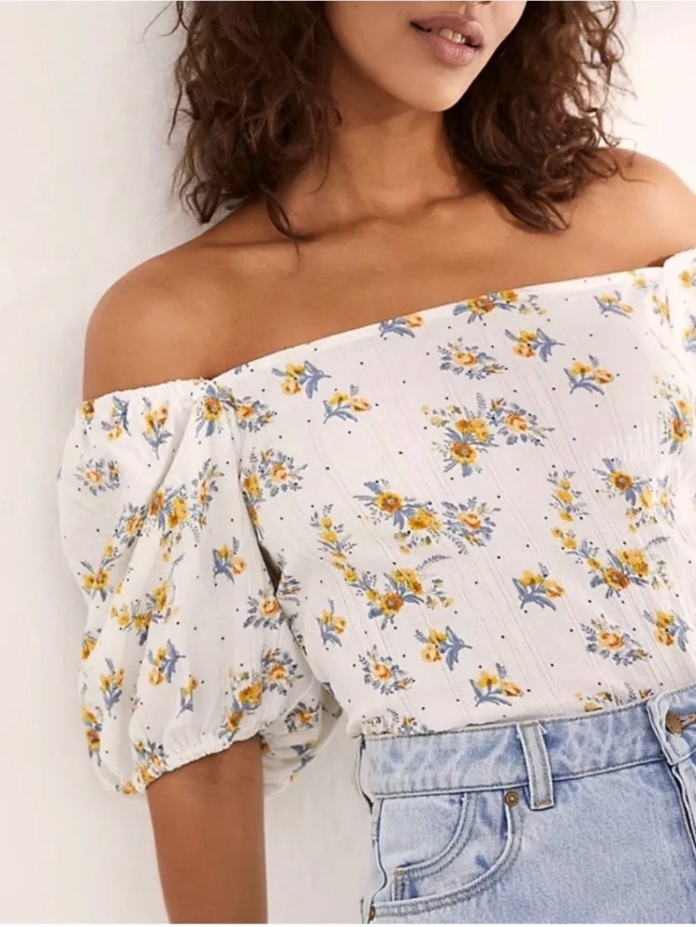 Intimately Free People Angela Floral Puff Sleeve Lace Bodysuit White Combo
